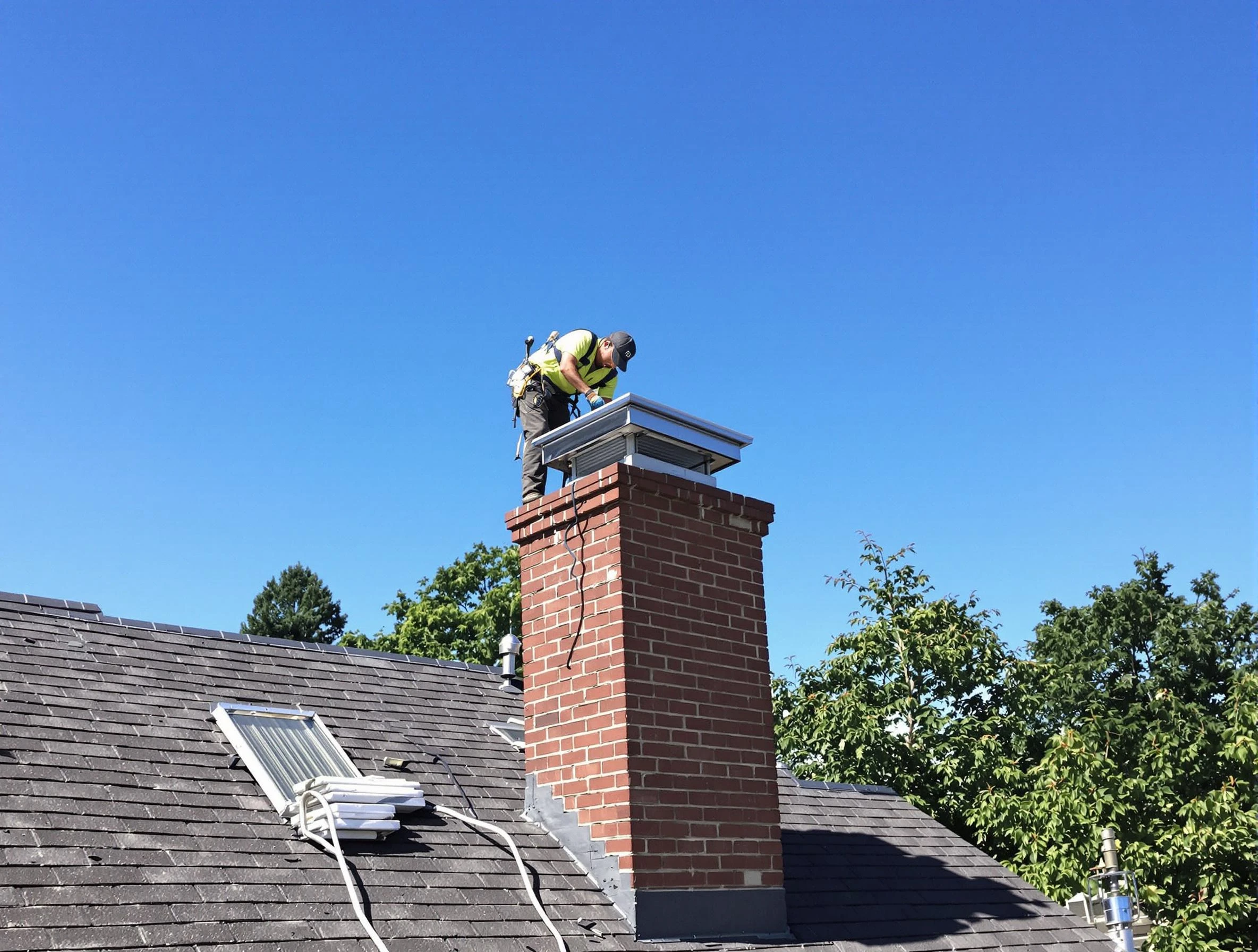 Clearfield Chimney Sweep technician measuring a chimney cap in Clearfield, UT